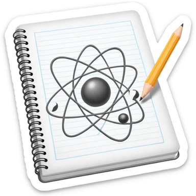 open notebook with an atom symbol on the page sticker