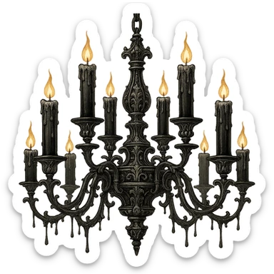 gothic chandelier with dripping candles, black and silver, ornate and dramatic sticker