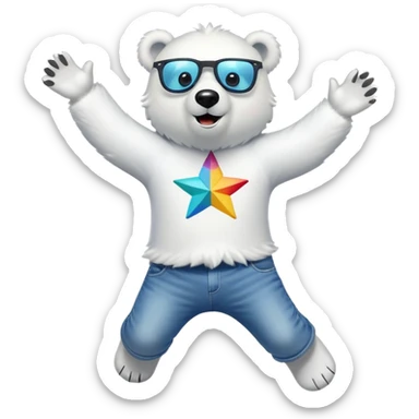 friendly anthropomorphised polar bear mid-jump, arms raised, excited expression, wearing a shirt, jeans, trainers, oversized colorful star glasses sticker