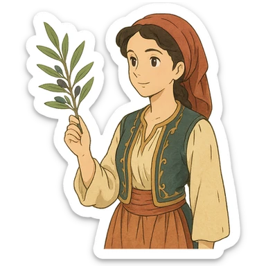 Greek woman in traditional dress holding olive branch sticker
