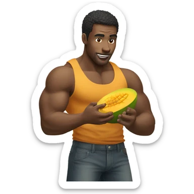 guy eating mangos with biceps  sticker