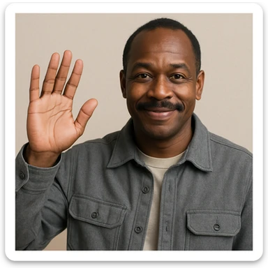 Black man with a mustache waving, wearing a grey jacket, neutral background sticker
