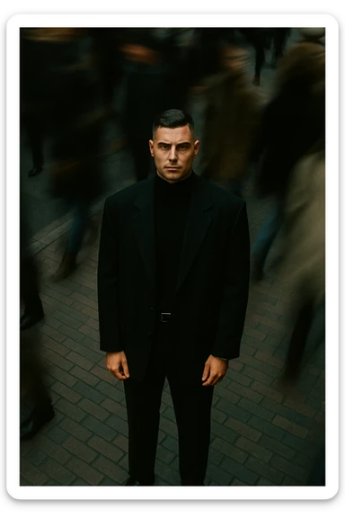 overhead shot of me standing still on a brick city sidewalk, wearing a dark oversized blazer,motion-blurred crowd rushes past around me. Moody lighting, 35mm film look, shallow depth of field, sharp focus on me. sticker