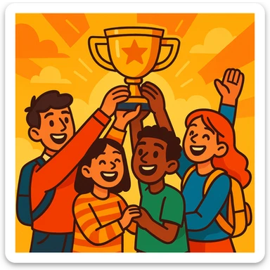 four students lifting a trophy, warm atmosphere, expressive illustration style, bright colors, joyful expressions sticker