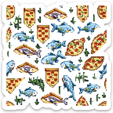 Fish pizza with fish toppings on a pizza crust, 8-bit style sticker