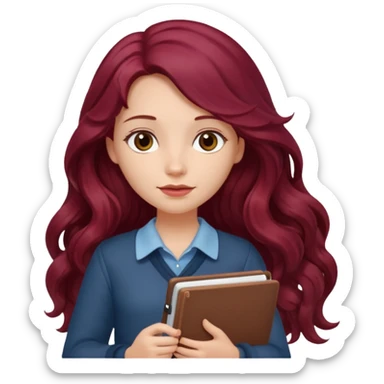 girl with long wavy burgundy hair and a notebook sticker