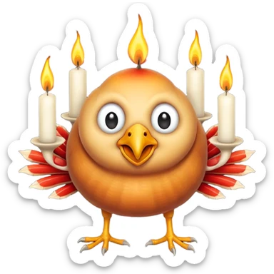 grotesque, round, turkey-like creature with turkey legs with a candle on its head. sticker
