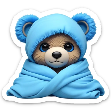 3D, adorable little Pixar style blue neon punk teddy bear wrapped in a comforter, ultra detailed, each lash, eye, and strand of fur is shown in stunning detail as though captured in a timeless photograph, rich textures, visually rich, so lifelike it feels like it could leap off the page at any momen sticker