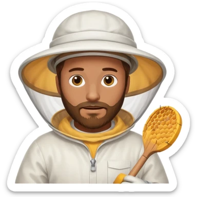 male bee keeper with brown hair and beard, white outfit,  sticker