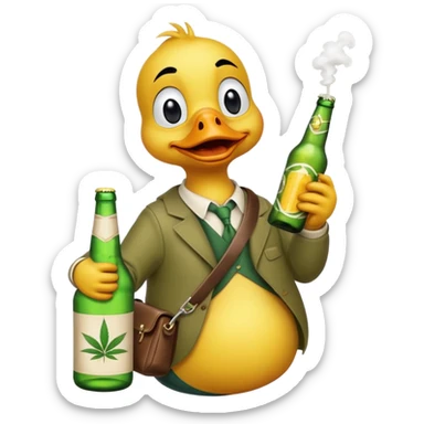 Drunk and high duck animal holding wĺeed bottle and a bag of weed. Looking really drunk sticker