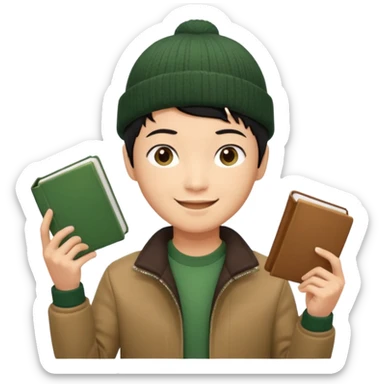asian, tan skin, non binary asian man with pixie cut black hair, wearing brown jacket and dark green beanie, smiling , holding up books  sticker