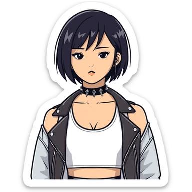 A asian girl with Black eyes and black straight hair with a bob with a black spiked chocker with white tank top with a leather jacket on sticker
