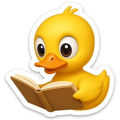 Edit the simplistic cartoony duck to be sideways like the normal duck emoji. The duck should be reading a book. Keep the style consistent with the original image and maintain a transparent background. sticker
