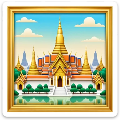 Cinematic Realistic Grand Palace Bangkok Landmark Emoji, showcasing the opulent golden spires, intricate Thai architecture, and the Emerald Buddha Temple set within a vibrant, manicured courtyard. sticker