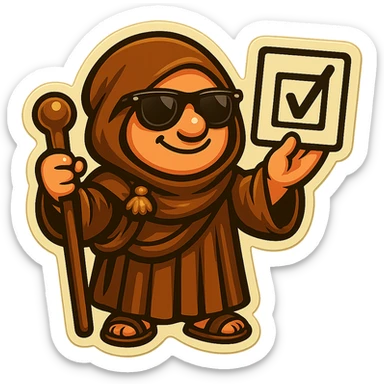 Add sandals to the feet of the pilgrim and lower the hood onto the shoulders, with a brown cloak. The pilgrim wears sunglasses. Create a friendly and amusing atmosphere in a sticker style with a transparent background. sticker