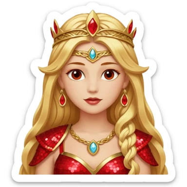 Freya, Goddess of Love from Gods and Goddesses with long golden blonde hair, red sequin outfit sticker