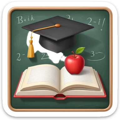 An icon featuring an open book, a chalkboard with lesson plans, and a pencil, symbolizing education and pedagogy. The design includes an apple and a graduation cap, representing teaching and learning. Transparent background highlights the growth and development in education. sticker