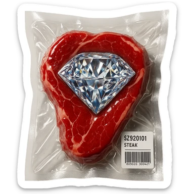 meat steak with sparkling diamond facets, glossy and puffy, vacuum-sealed style sticker