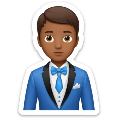 A boy with dark brown skin and I little bit of brown hair and a white tuxedo with a blue tie sticker