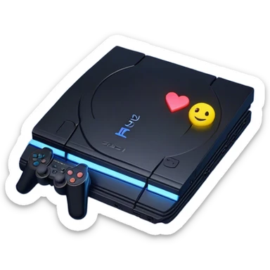 Clash of Clans aesthetic: Cinematic Playful PlayStation 2 Slim Portrait Emoji, rendered in a 3D vector-style similar to standard emojis with minimal shading and bold, simplified shapes. A compact, distinct form with signature details, softly glowing with a cutting-edge console technology charm. Simplified yet unmistakably iconic, highly detailed and consistent, glowing with a soft radiance and high shine. Stylized with a touch of technological advancement and a soft glowing outline, capturing the essence of a beloved gaming relic with a friendly, playful manner! sticker