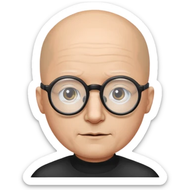 a guy who looks like kirby with a very round head, white skin and glasses almost bald, with like black glasses sticker