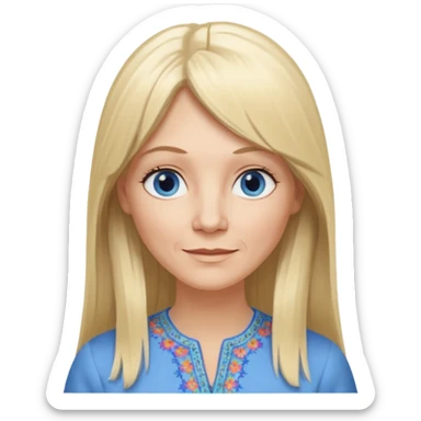 50 yr old white woman, hippie part bangs, very long straight blond hair, oval face, small smile, blue eyes, thin face, hair downback, hair parted at center of head, round cheeks, pale, longer hair, dress shirt sticker