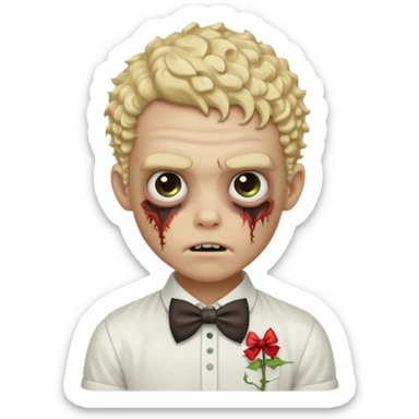 Blonde zombie boy with a white shirt with a bow in his curly hair sticker