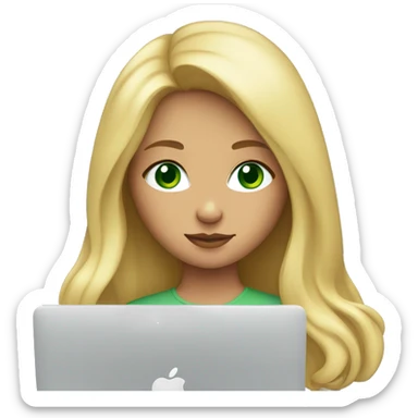 young blonde girl with green eyes sits at macbook sticker