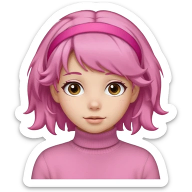 brown fluffy haired girl with pink turtleneck sweater and pink hair band sticker