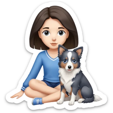 A girl sits with a Blue and white border collie sticker