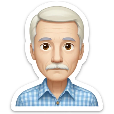 Skinny man in his 70s with fair skin. Long narrow face. Gentle light brown eyes. Long, flowing straight white hair reaching past shoulders, with light bangs. Thin eyebrows. White goatee connected to mustache. Slender appearance. Wearing a light blue and beige checkered button-up shirt. sticker