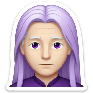 Beyaz uzun ve düz saçları olan,mor göz rengi olan, bembeyaz tenli bir erkek,genç,gözleri hafif çekik ve saçları da teni de bembeyaz olacak,genç olacak,kırışıklığı olmayacak,gözleri çekik ve mor renk olacak sticker