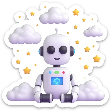 minimalist 3D cartoon-style icon of a peaceful robot with a pill-shaped head, eyes closed, gentle smile, with clouds and stars around the head, simple clean lines sticker