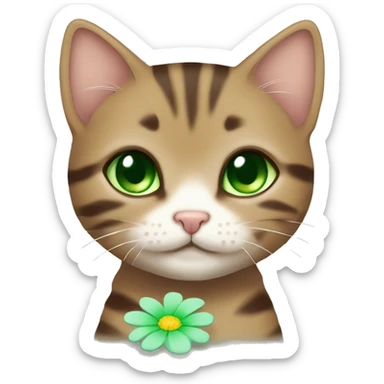 kawaii brown tabby kitten with green eyes and pastel green flower sticker