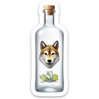A tequila blanco classic transparent long cylindrical bottle with a wolf on top of the label, "Lopez" on the middle, and agave plants on the bottom of the label. Only the cap is made of light wood sticker