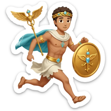 a guy (hermes) running with his caduceus and a petasos on his head in a greek tunic sticker