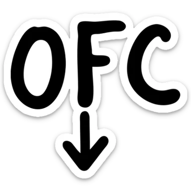 Letters OFC with a downward arrow underneath sticker