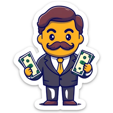 Finance broker with enormous curly mustache, business suit, dollar sign eyes, holding money sticker