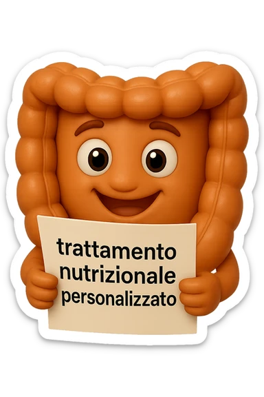 emoji stile iphone di un intestino realistico felice che legge un foglio con la scritta "trattamento nutrizionale personalizzato", non fargli il naso, iperrealistico 4k sticker