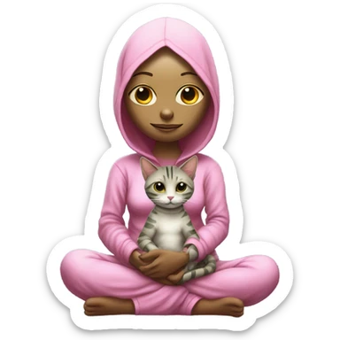 Reptilian alien woman,in meditation, in pink pajamas, hugs a tabby cat sticker