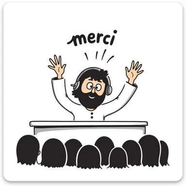 A person with black hair, brown eyes, and a black beard wearing a gaming headset, raising hands saying "merci" to an audience sticker
