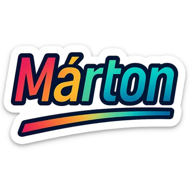 The name 'Márton' in a modern, colorful gradient font with a dark outline, on a transparent background, with the name underlined or partially underlined dynamically with a slanted underline, in the style of the sample images. sticker
