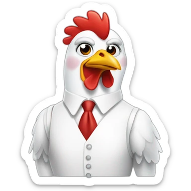 chicken wearing a white shirt with a red diagonal band sticker