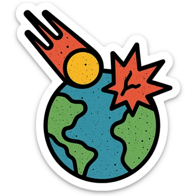minimalist icon of a meteor falling into and destroying a planet, worn distressed effect sticker