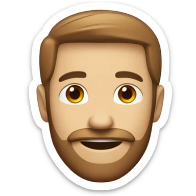 White Man with tiny downturned smiling eyes, brown beard and mustache, smile. Cap. sticker