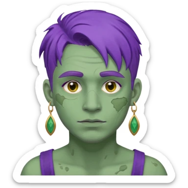 purple haired man with full full face dirty messy green clay mask and earrings sticker
