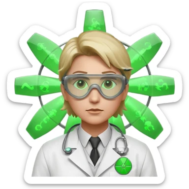 nuclear scientist portrait, head and shoulders only, wearing lab coat collar, protective goggles, glowing green radiation symbol badge, serious expression, sci-fi laboratory vibe, 3D cartoon, mobile game icon style, clean background, no text, no watermark
 sticker