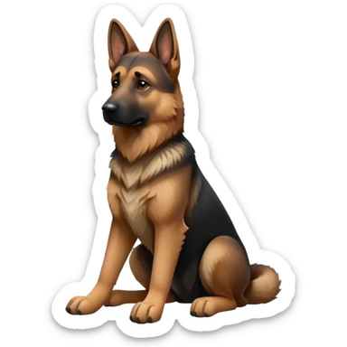 cinematic-[german shepherd]-realistic-full-body-sitting-emoji,-tail-resting-loosely-beside-its-paws,-head-tilted-dramatically,-sleek-[brown and black]-fur,-simplified-yet-realistic-focused-features,-highly-detailed,-glowing-with-an-almost-sarcastic-glow sticker