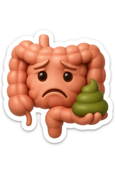 emoji stile iphone 3d di un intestino con espressione triste con cacca verde e liquida in mano , iperrealistiche 4k sticker