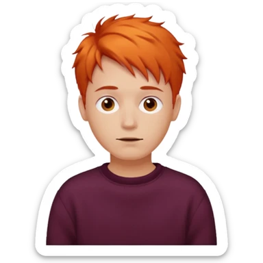 A guy with orange hair, short and messy, dark brown eyes, with a burgundy sweater sticker